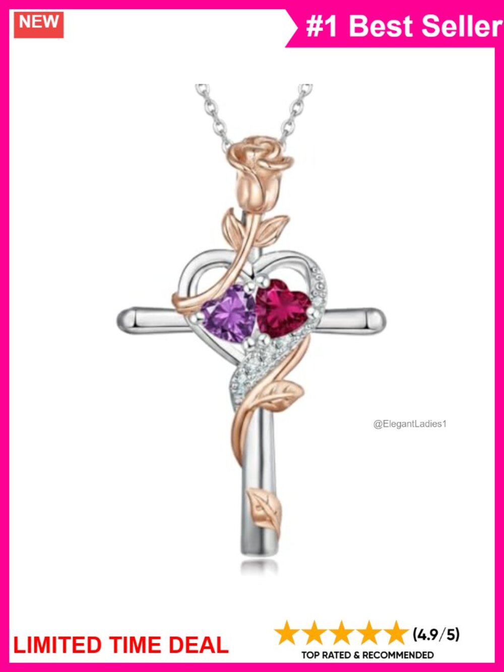 Rose Gold & Silver Birthstone Cross Pendant Necklace 32mm Heart